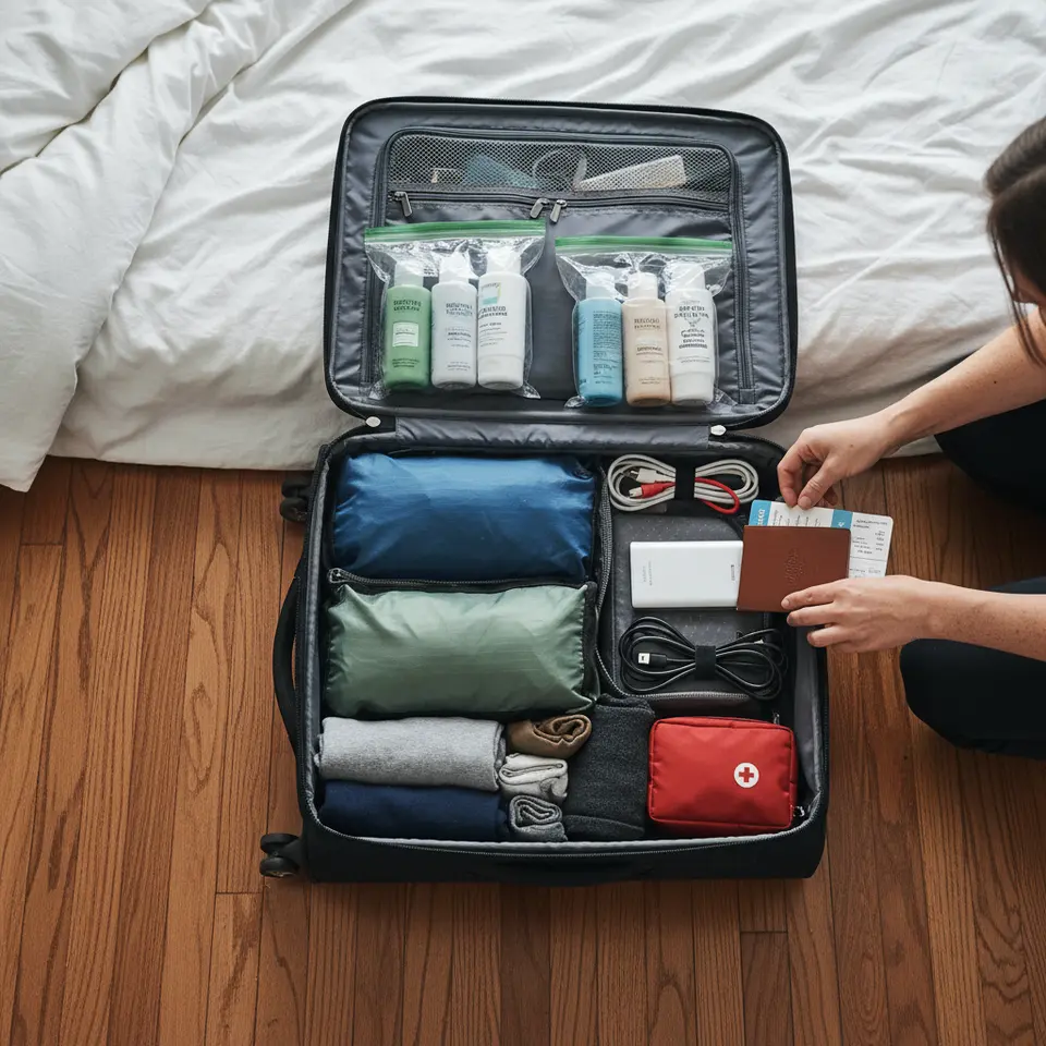 Overhead view of an open carry-on suitcase organized with compression packing cubes containing rolled clothes, clear quart-sized zip-top bags of liquids, neatly coiled charging cables, travel documents, a compact first-aid kit, and a portable battery bank—illustrating smart packing essentials