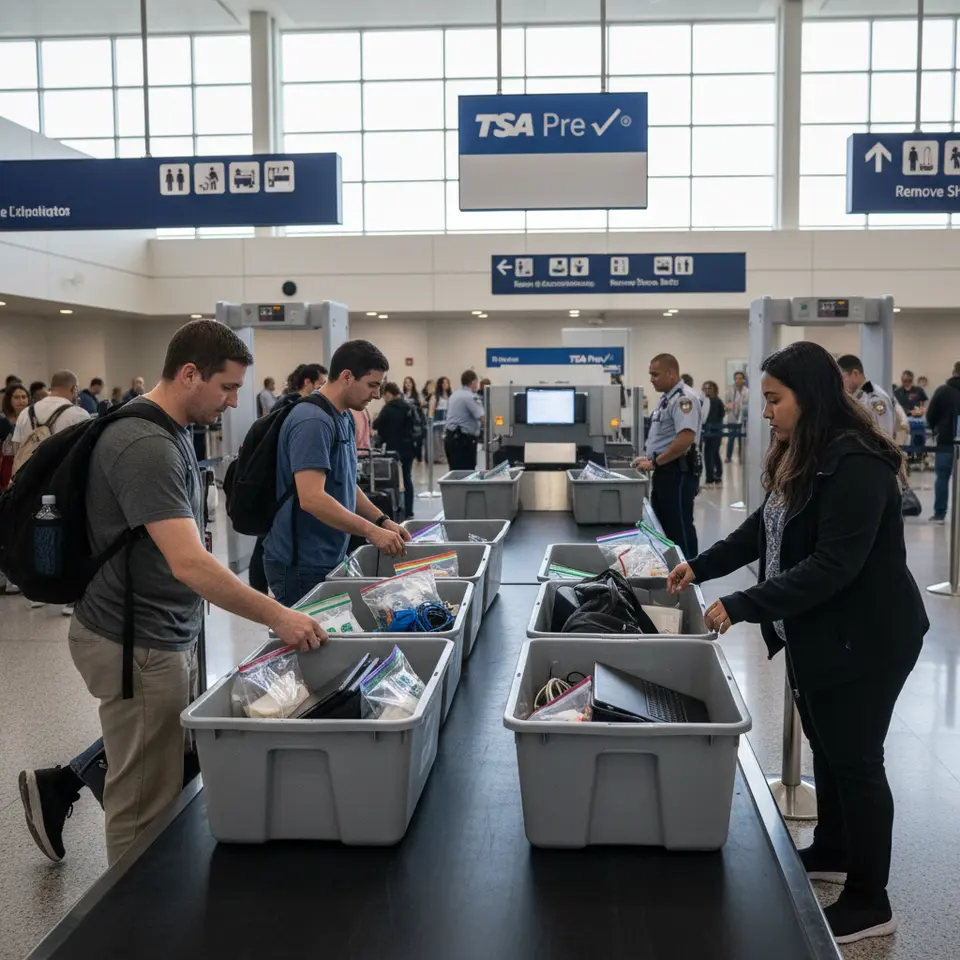 Airport security checkpoint scene showing travelers in slip-on shoes placing transparent liquid bags, laptops, and electronics into screening bins on a conveyor belt, with a visible TSA PreCheck sign, uniformed officers overseeing the x-ray machine, and clear signage—depicting a streamlined security process