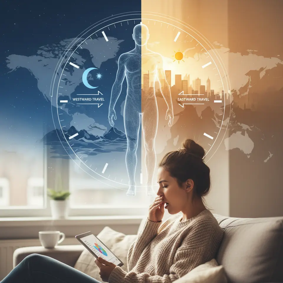 Circadian rhythm misalignment infographic: a semi-transparent human silhouette overlaying a 24-hour clock face, half bathed in sunlight and half in moonlight, arrows pointing forward (eastward travel) and backward (westward travel), with a faint world map and time-zone lines in the background to highlight how light cues shift the internal clock.